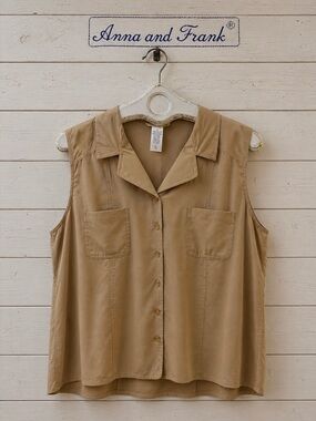 ANNA AND FRANK Beige 100% Silk Sleeveless Button-Up Blouse XL